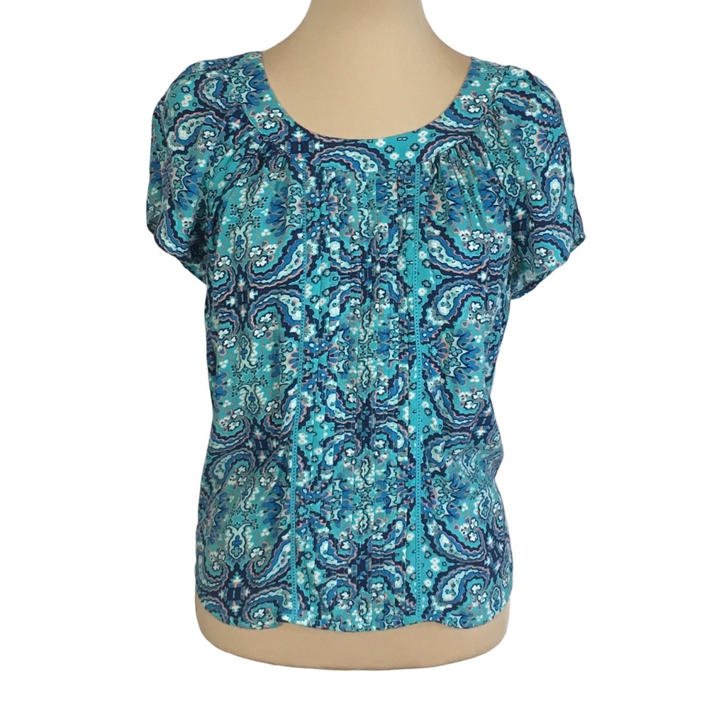 St. John's Bay Teal Paisley Short Sleeved Blouse, Petite Medium, Gently Used